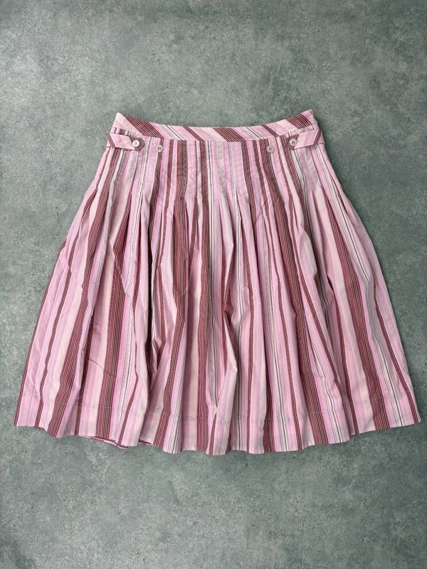 pink cotton pleated pinstripe flared midi skirt