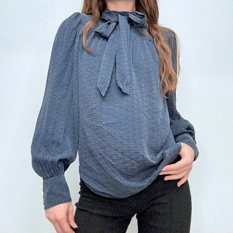 navy silk puff textured blouse