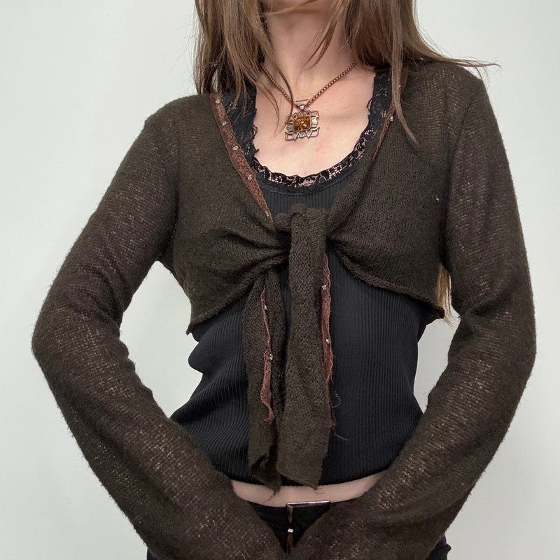 brown mohair knit cropped cardigan