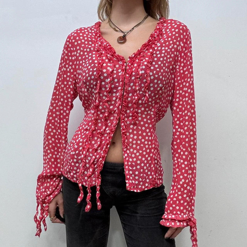 polka dot ruffle blouse