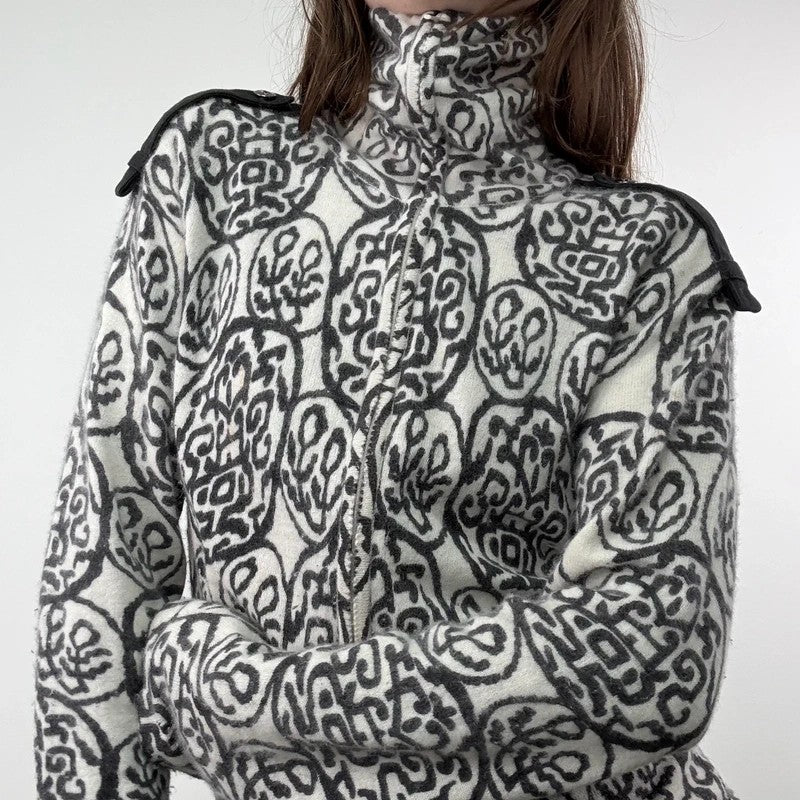 black and white slouchy patterned knit jumper, angora zip through funnel neck