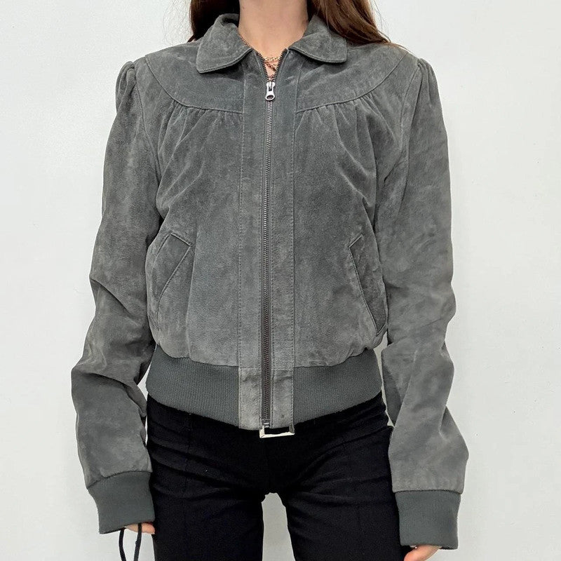 grey suede cropped puff bomber jacket