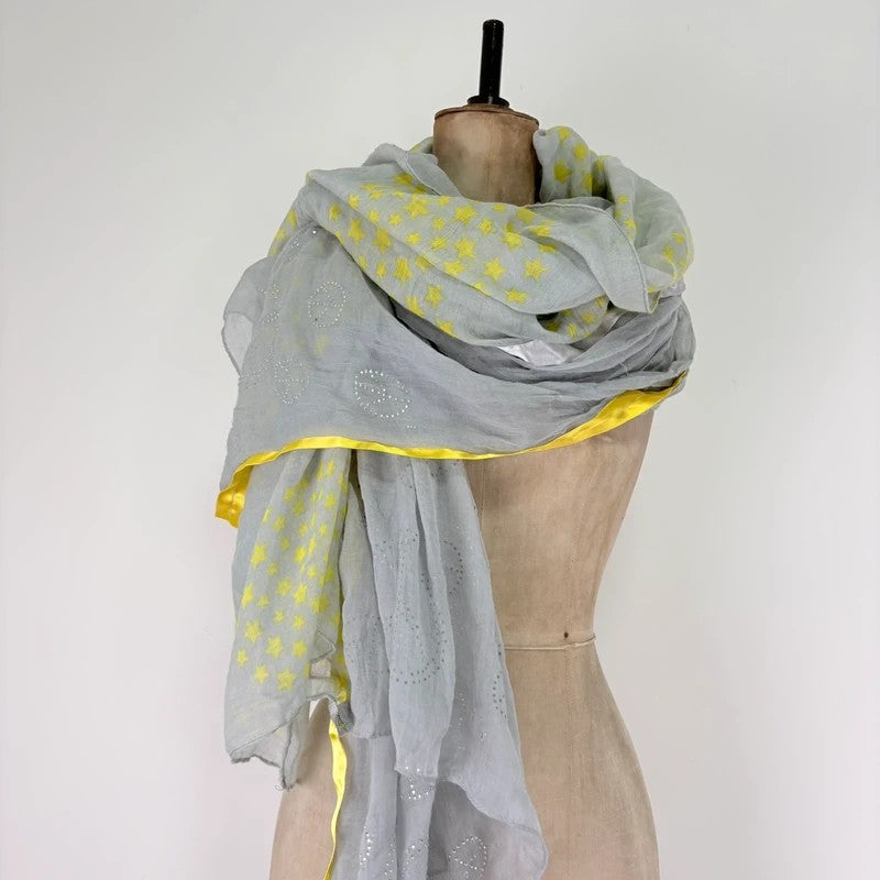 Sheer grey cotton shawl boho patchwork scarf