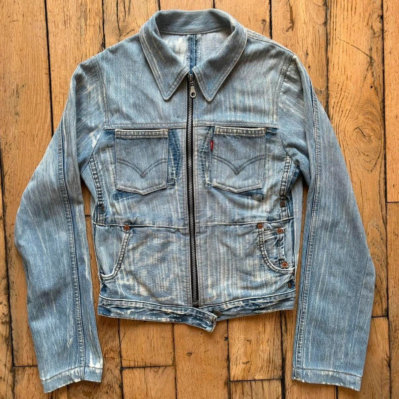 distressed patched denim jacket