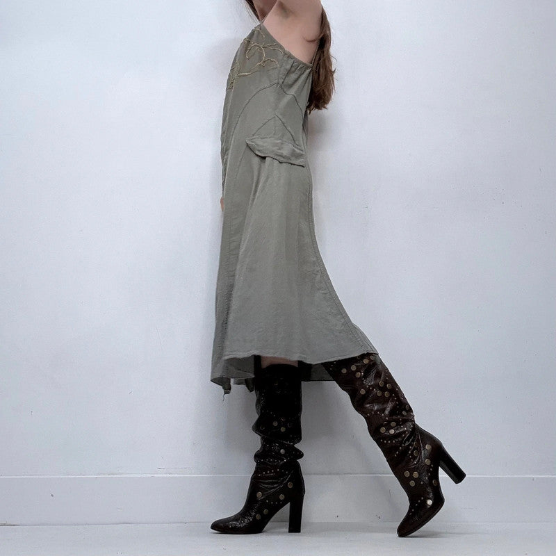khaki embroidered zip midi dress