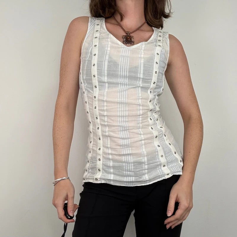 white cotton textured pinstripe popper vest top