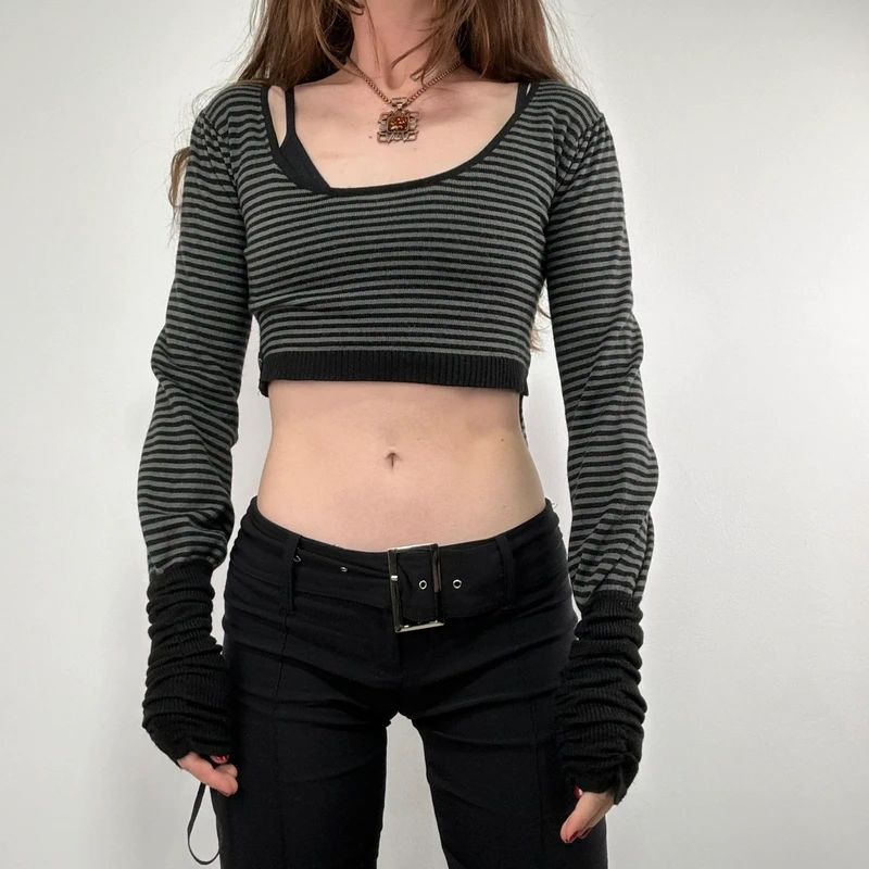 cropped pinstripe gathered engineered jumper