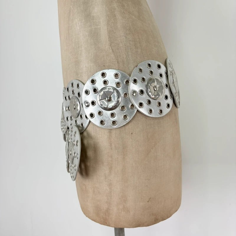 Silver leather studded circle belt