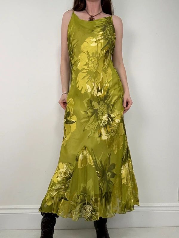 green floral watercolour silk bias cut maxi dress