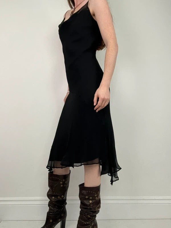 black silk bias cut layered flutter dress