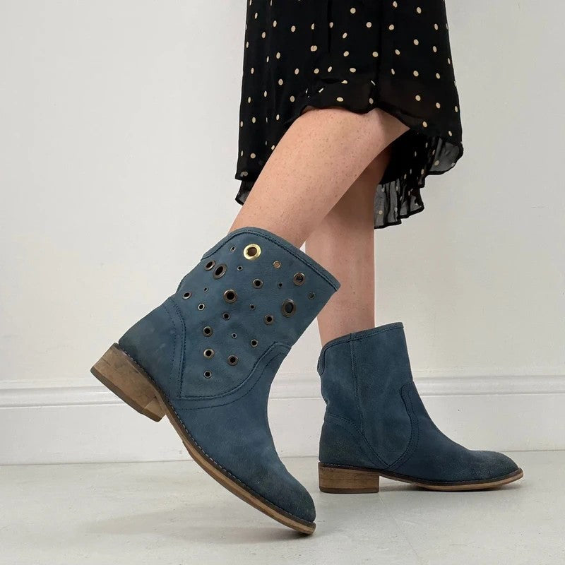 Blue suede studded eyelet ankle boots