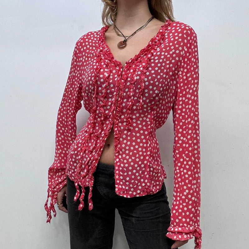 polka dot ruffle blouse