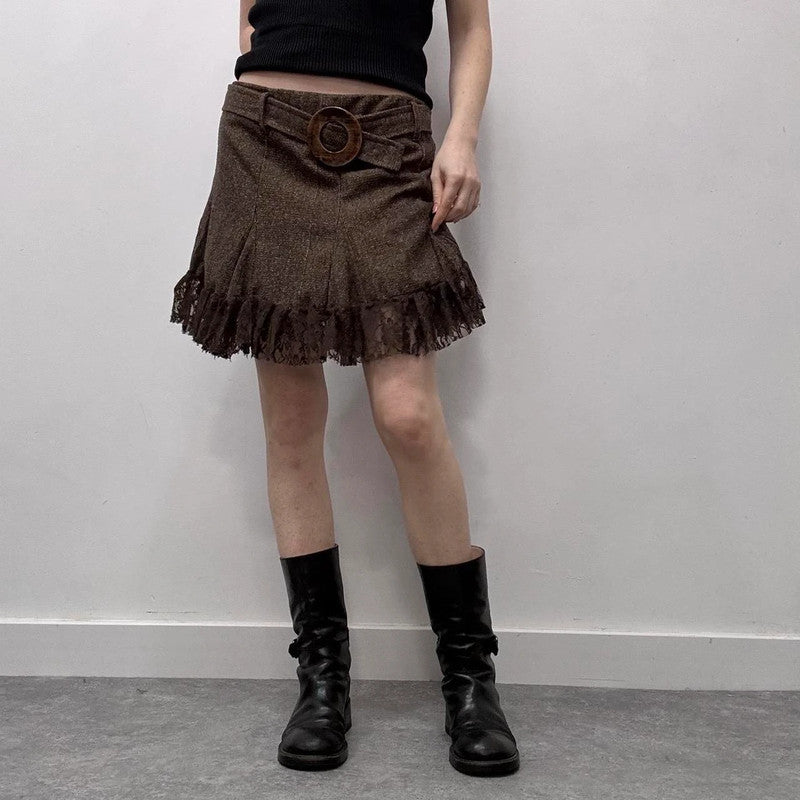 lace tweed brown mini ruffle skirt