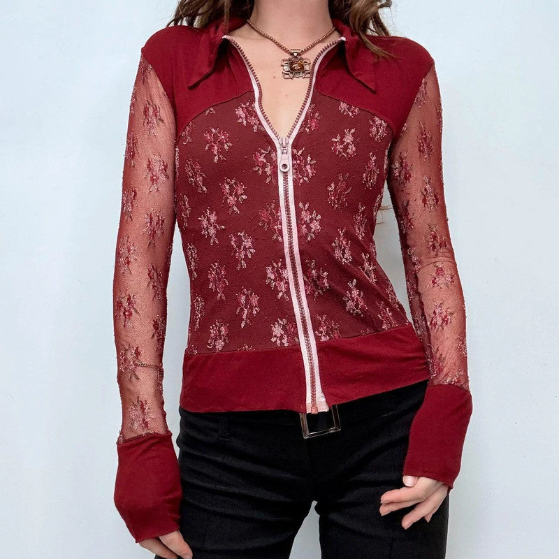 red lace sheer embroidered shirt