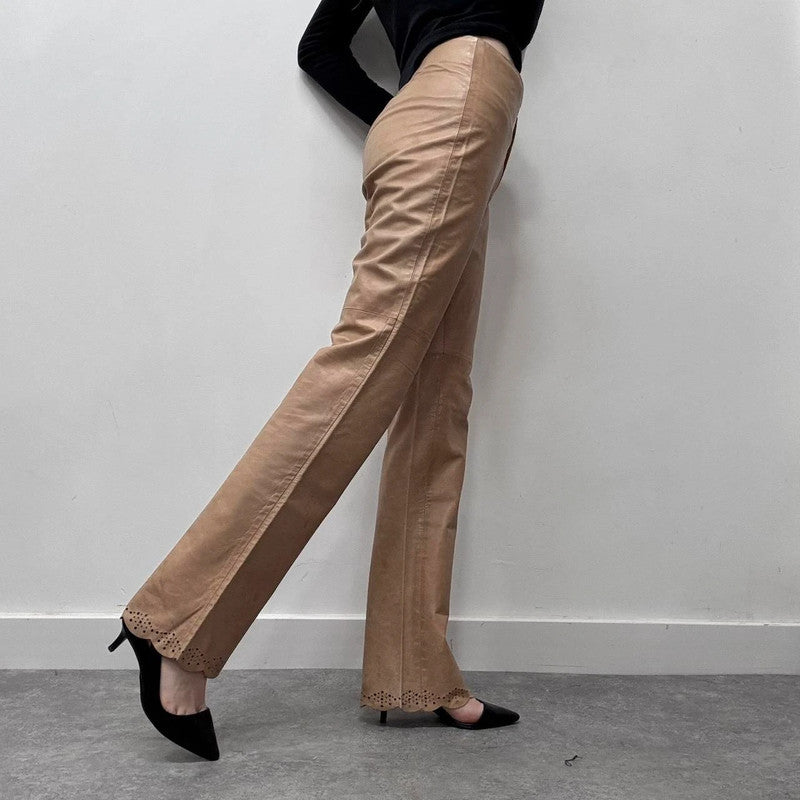 tan leather flared trousers