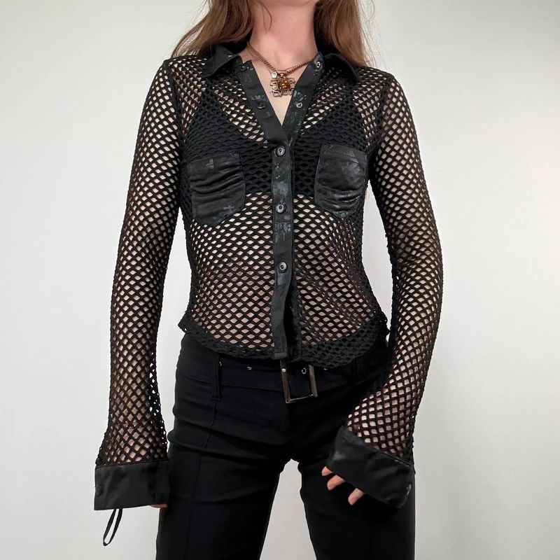 Black fitted Fishnet Mesh Grunge Shirt