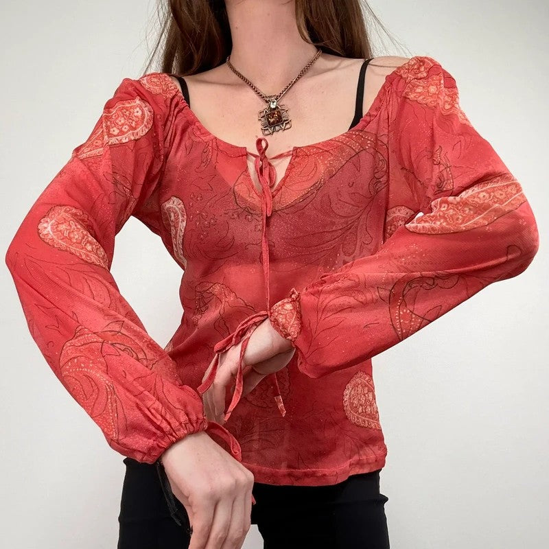 sheer paisley slouchy off-the-shoulder mesh blouse