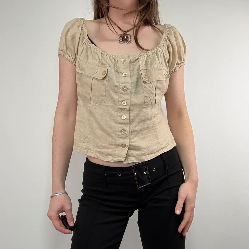 tan linen pleated button through slouchy blouse
