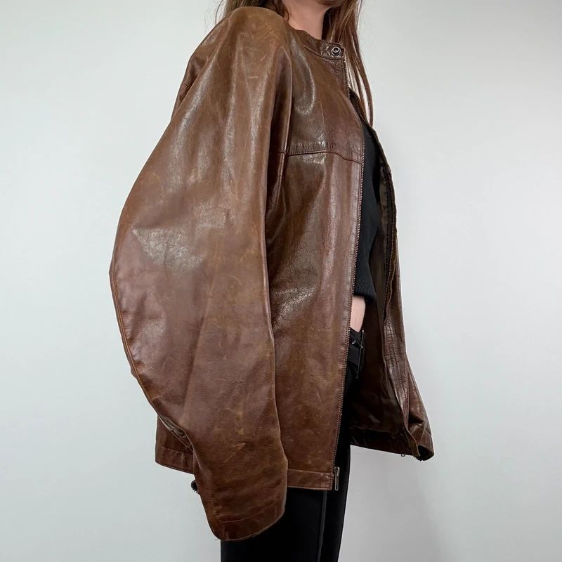 Brown Oversized Leather Bomber Jacket