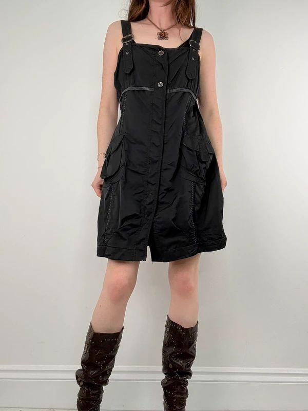 black grunge utility stuctured midi dress