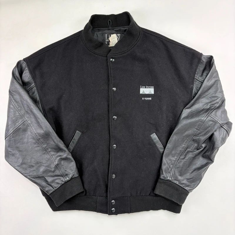 Black Leather Varsity Bomber Jacket