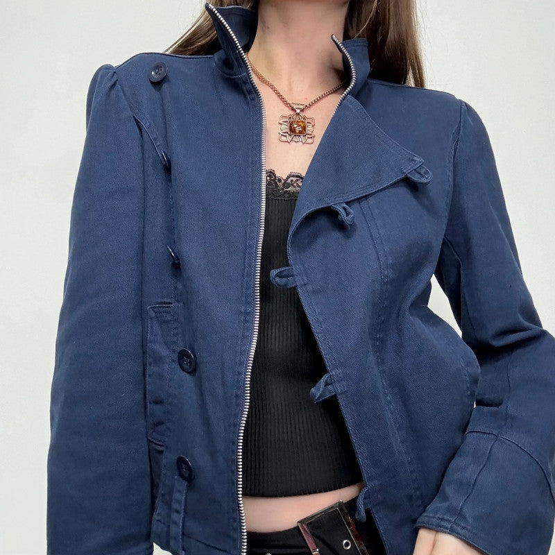 blue asymmetric button military jacket