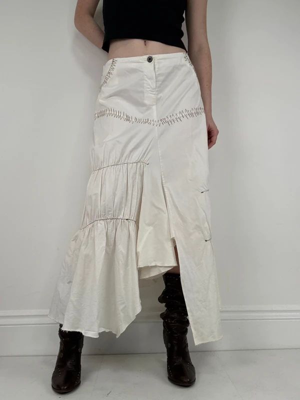 pleated white asymmetric flared maxi skirt