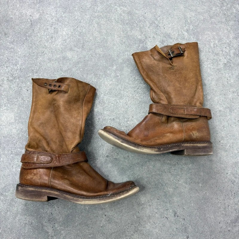 Tan leather buckle biker boots