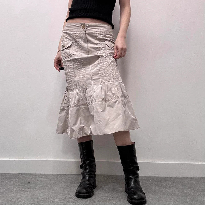 tan pleated flared midi skirt