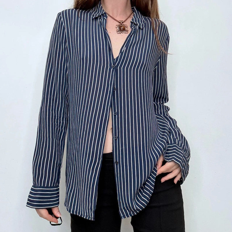 navy and white striped 100% silk shirt