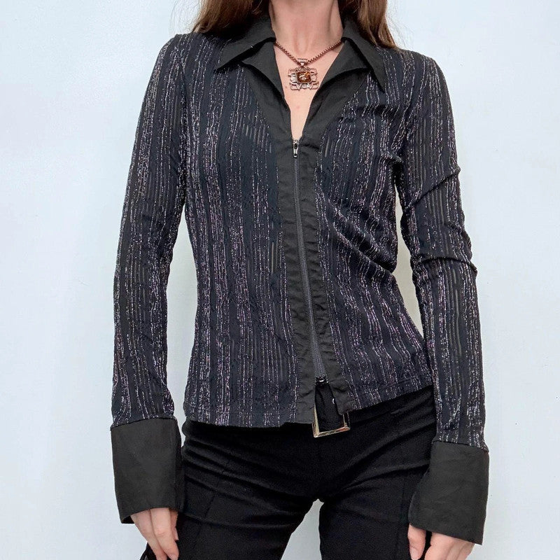 black pinstripe flared office shirt