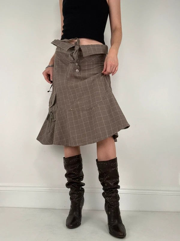 brown tartan low rise flared midi skirt
