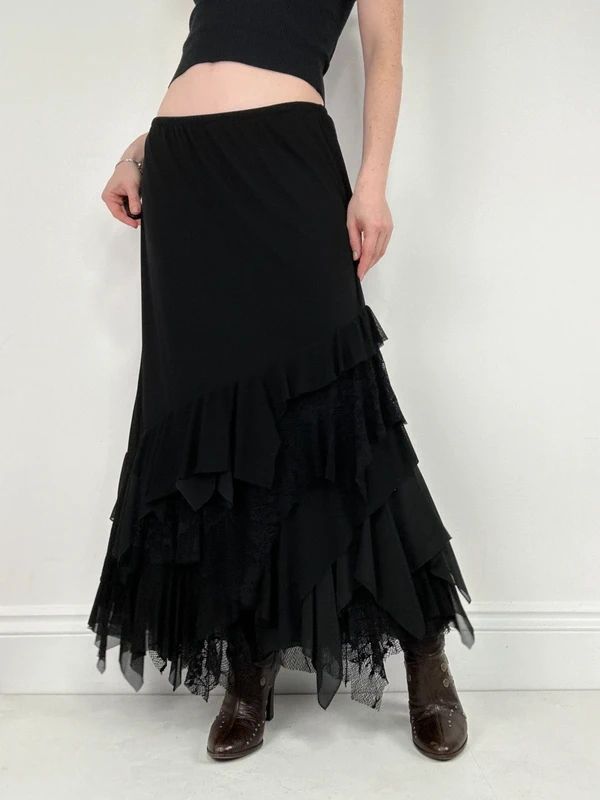 black ruffle grunge layered whimsygoth maxi skirt