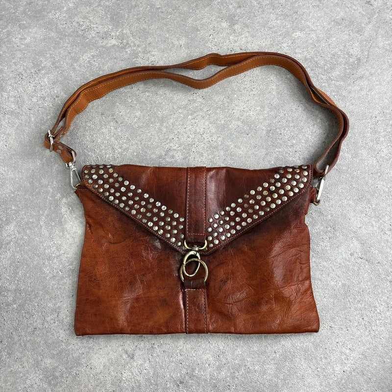 Studded distressed brown leather cargo messenger bag
