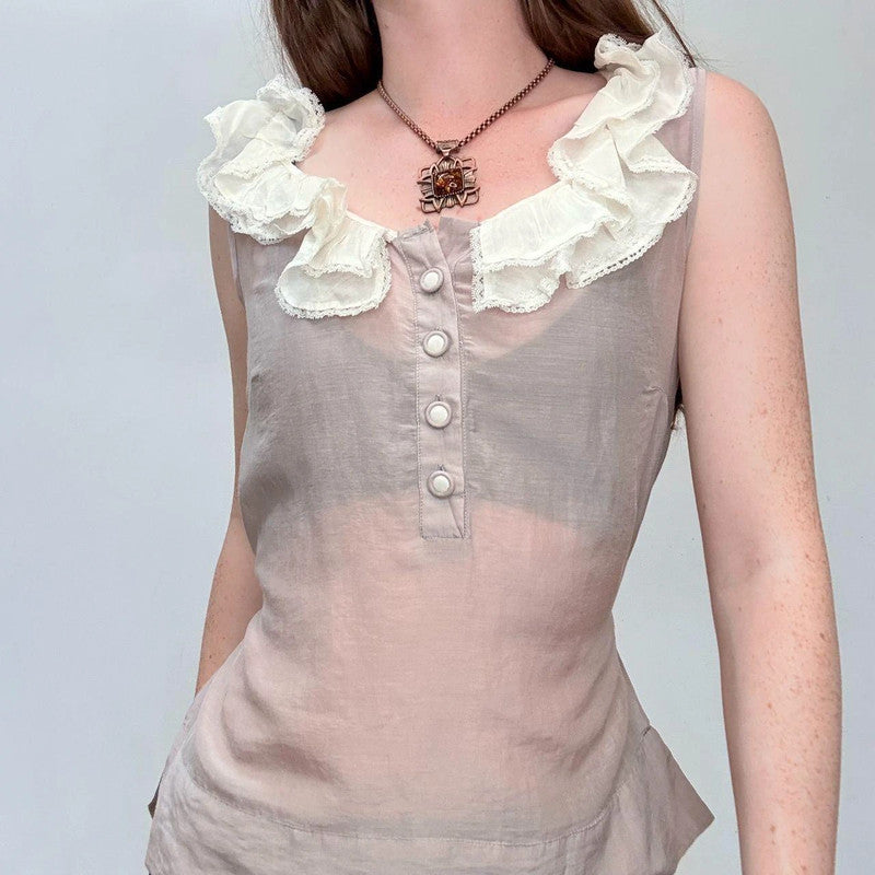 lace ruffle sheer silk cream shirt