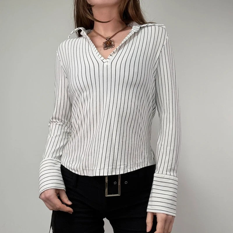 white pinstripe fitted flared shirt
