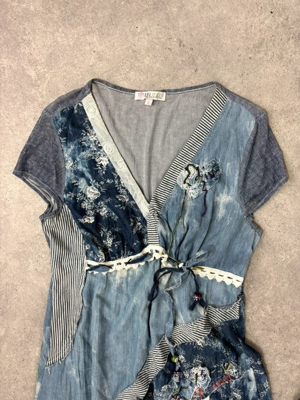 Floral lace blue flared patchwork midi dress