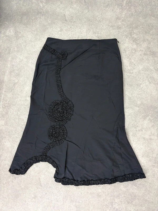 asymmetric black pleated gathered ribbon maxi skirt