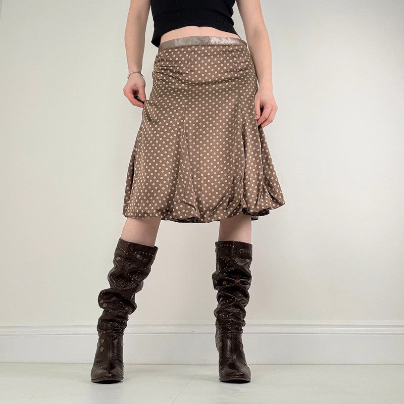 brown silk polka dot midi skirt