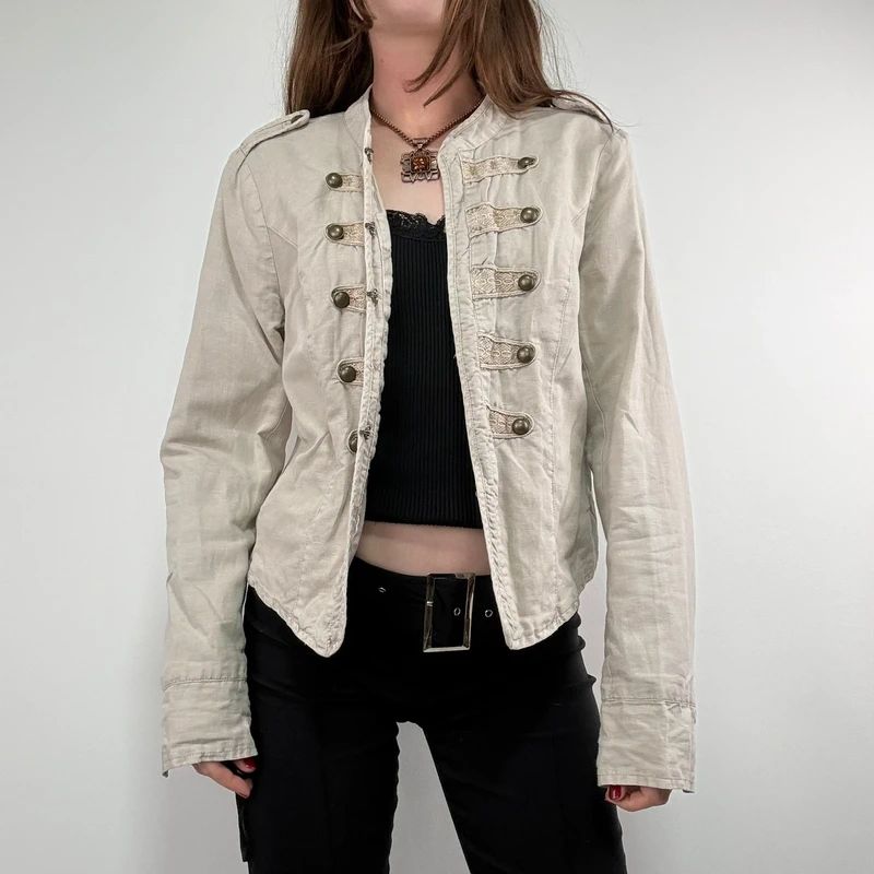 cotton khaki distressed button military jacket