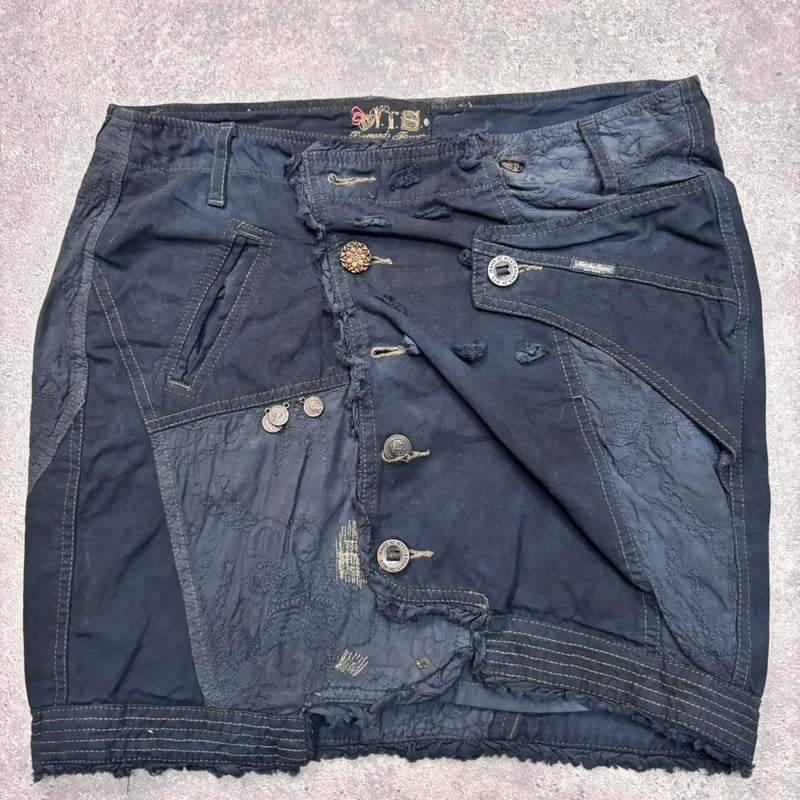 distressed patchwork asymmetric skirt