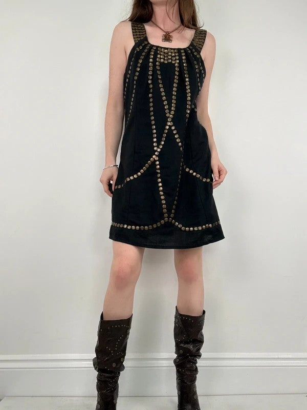black linen metal gold studded mini Y2K party dress
