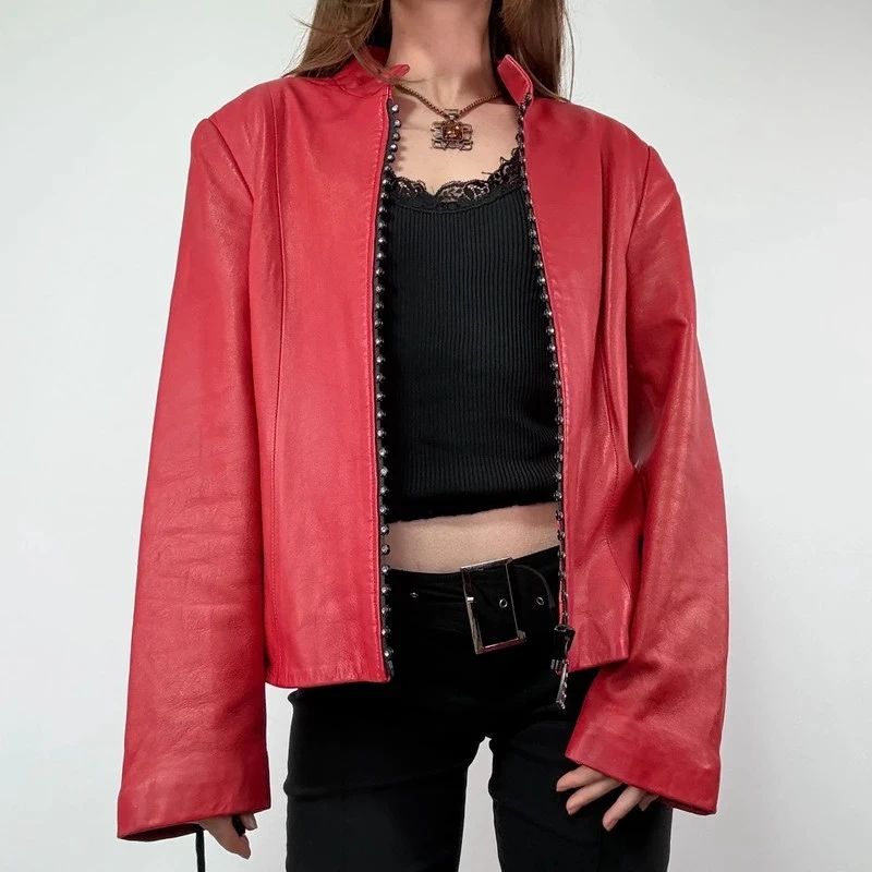 Red Studded Leather zip Jacket