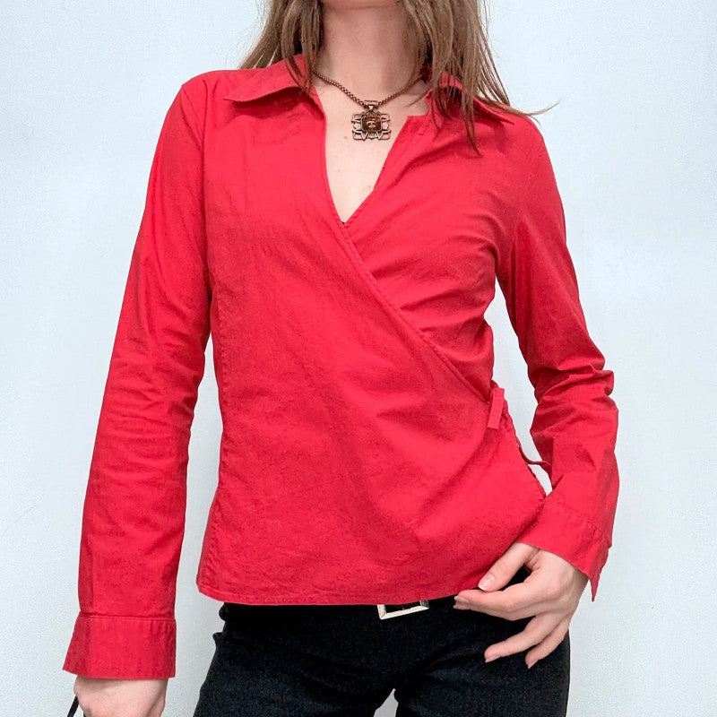 red fitted wrap shirt