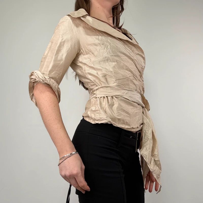 gathered crinkle silk structured wrap shirt
