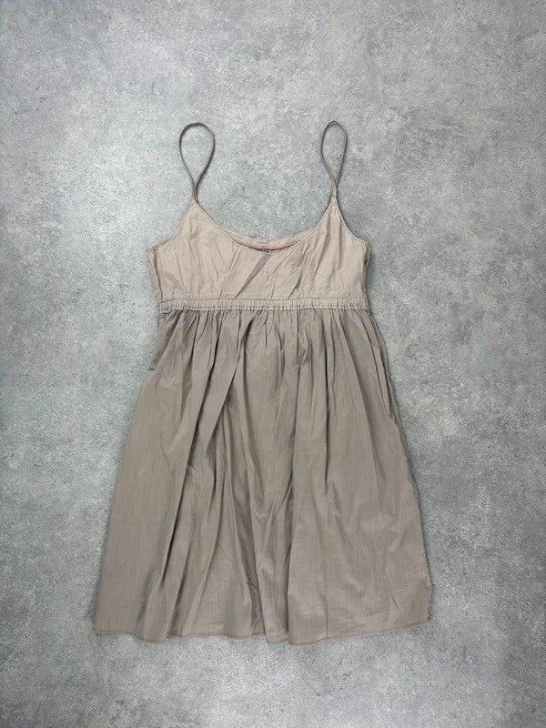 brown cotton pleated flared french midi dress