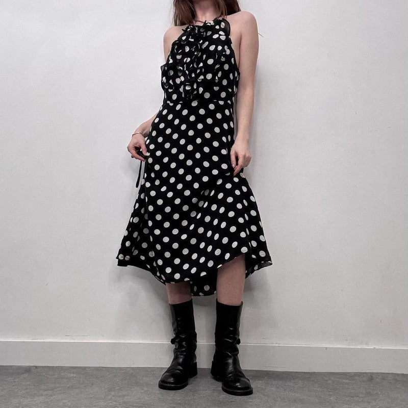silk polka dot ruffle black and white dress