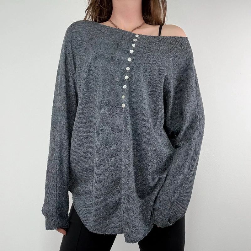 grey henley button detailed slouchy off the shoulder t-shirt