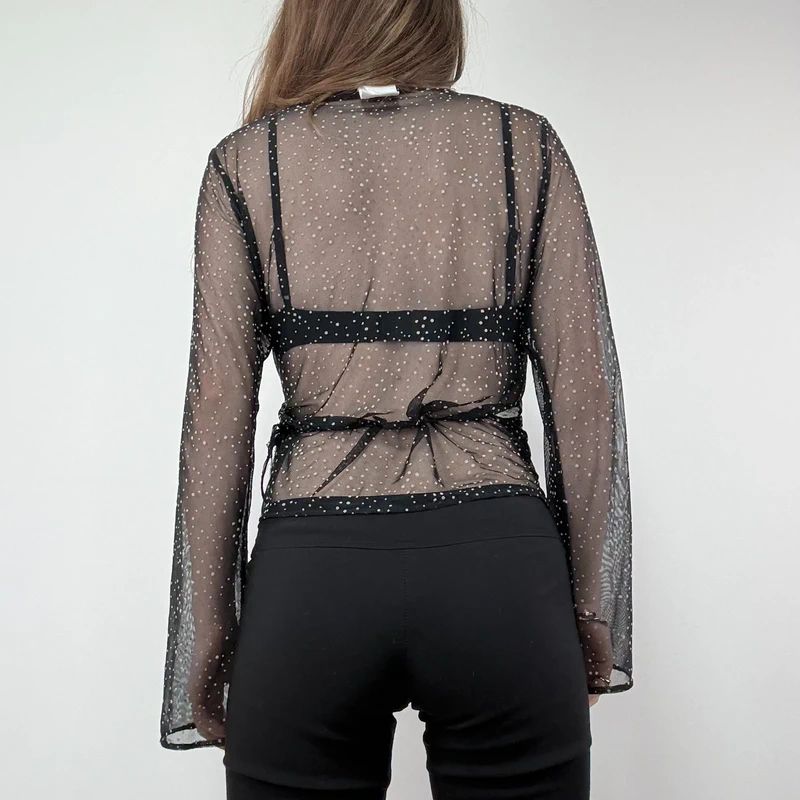 Sheer Lace Polka Dot Wrap Shirt