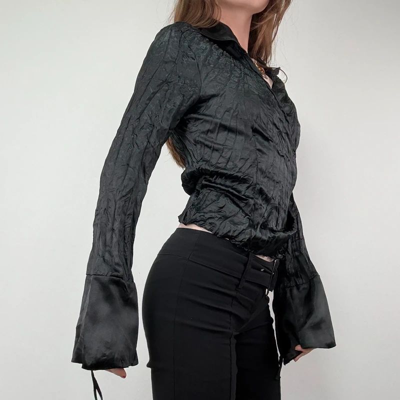 black crinkle satin cropped wrap shirt